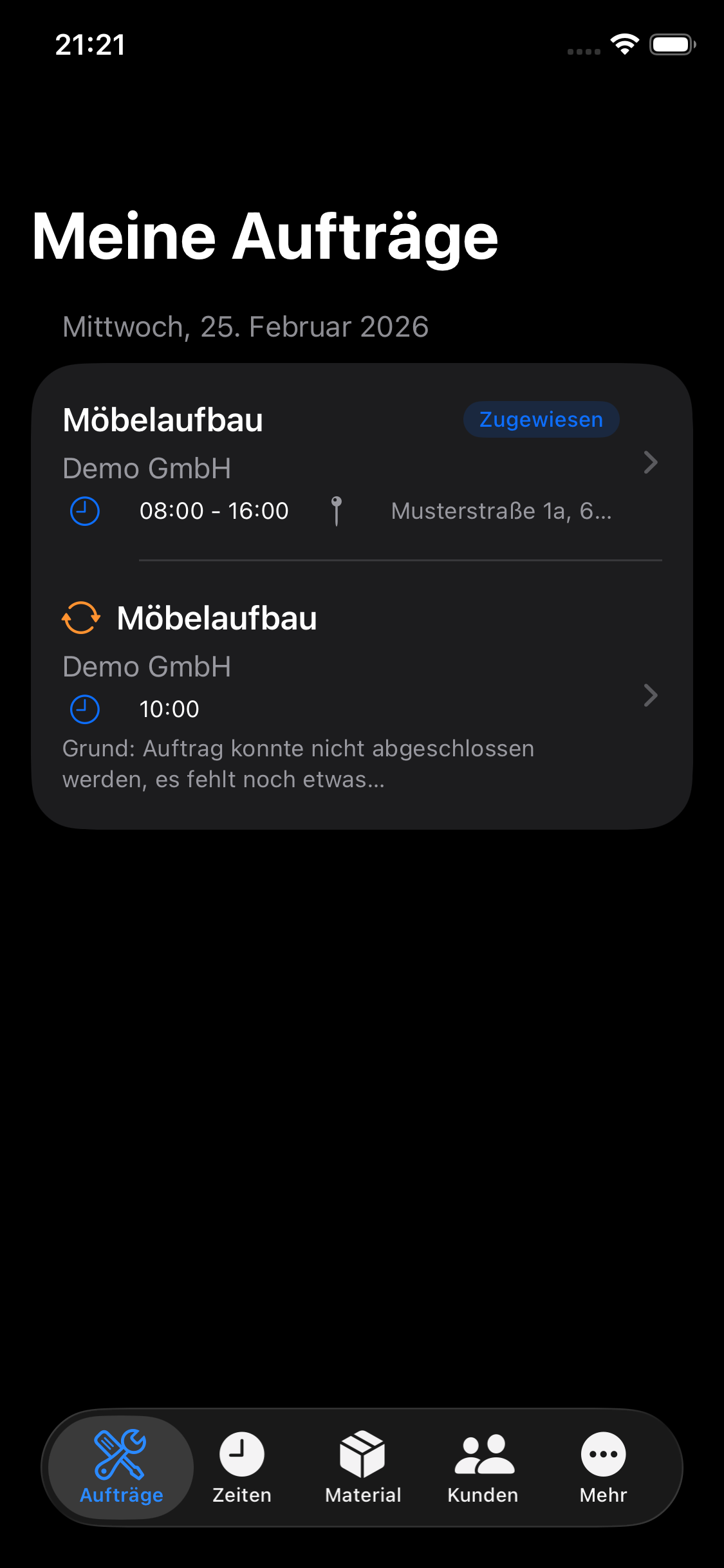 Mein-Rapport App – Auftragsliste Dark Mode