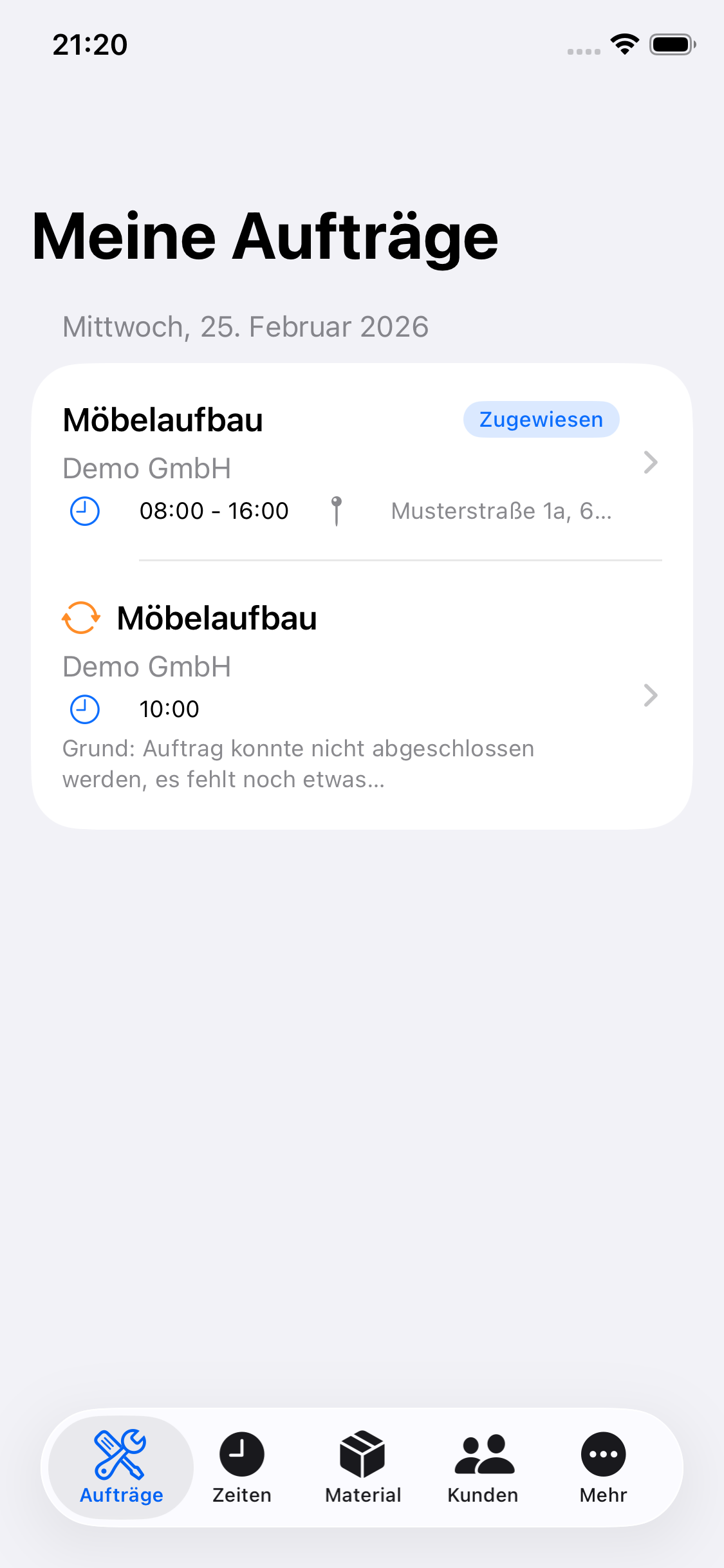 Mein-Rapport App – Auftragsliste Light Mode