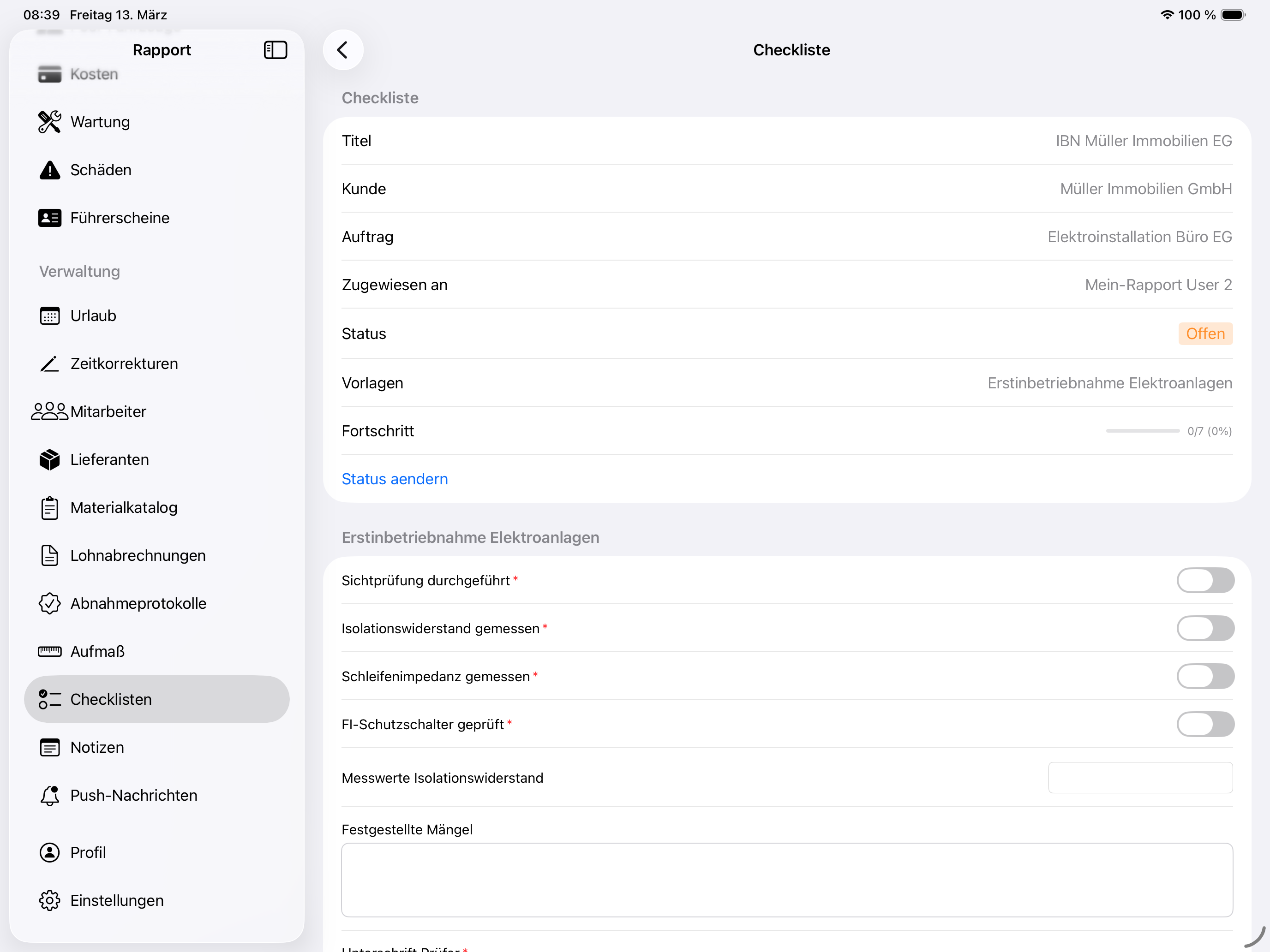 Digitale Checklisten in der Mein-Rapport App