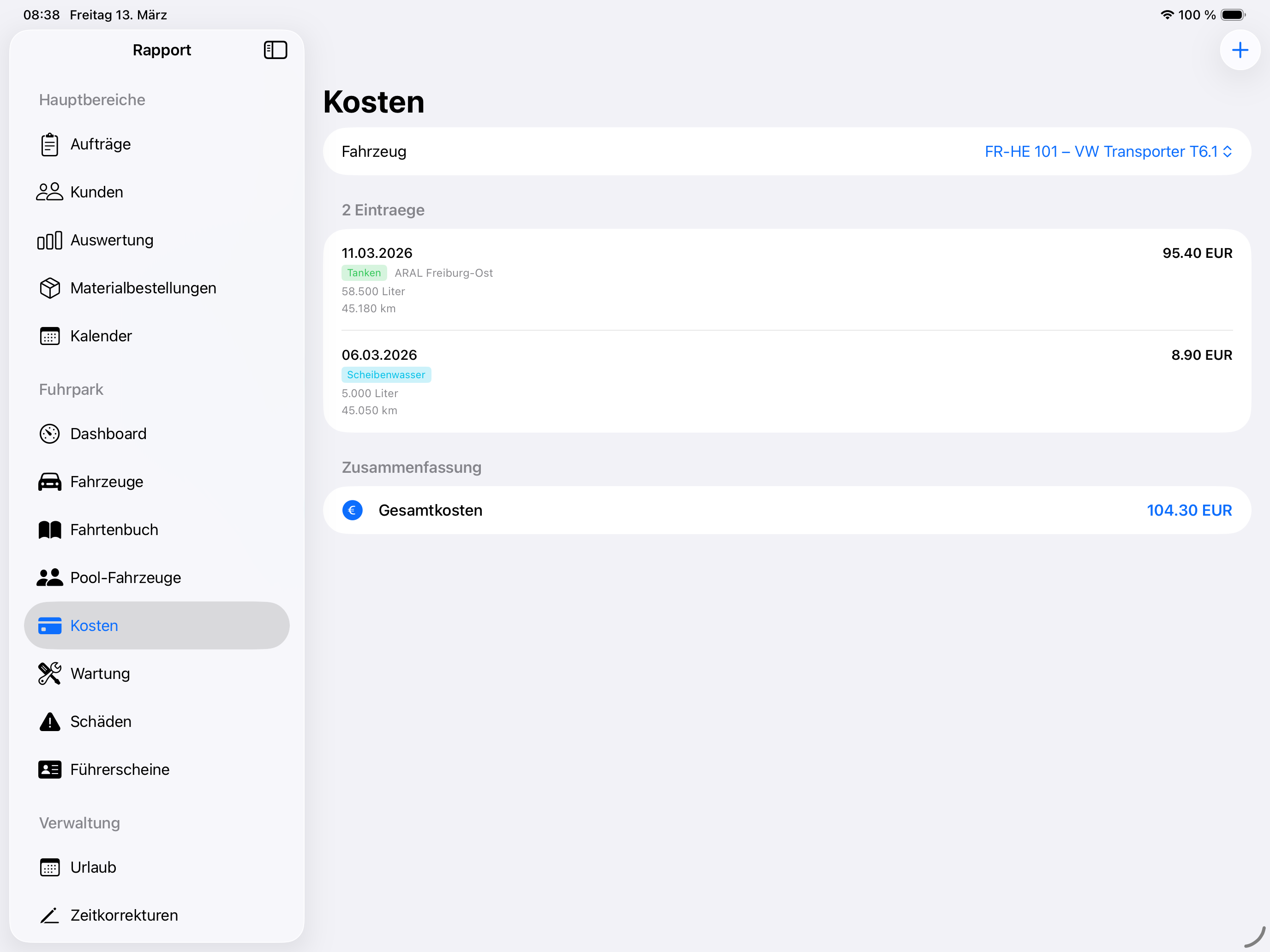 Fahrzeugkosten-Übersicht in der Mein-Rapport App