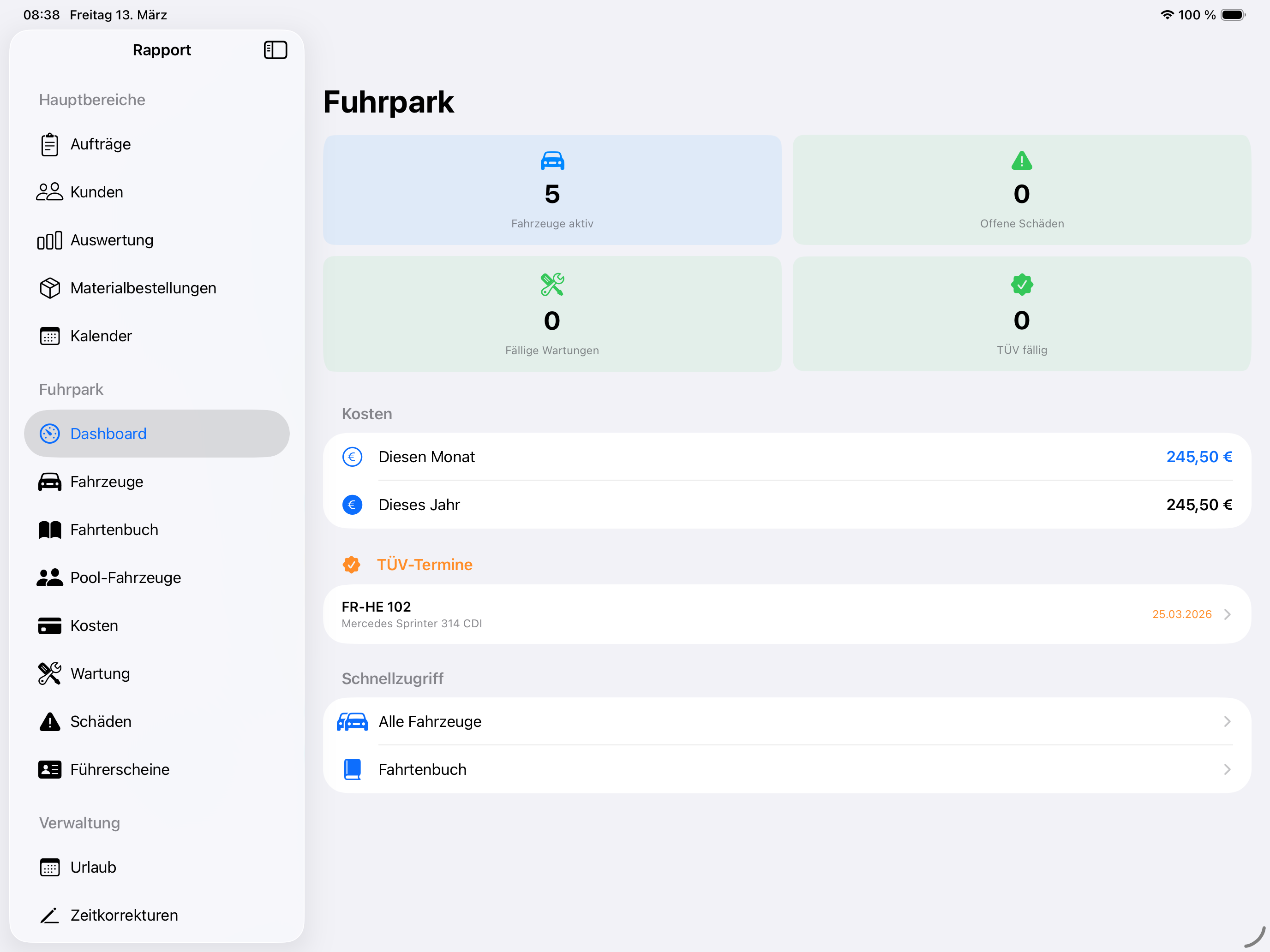 Fuhrpark-Dashboard in der Mein-Rapport App