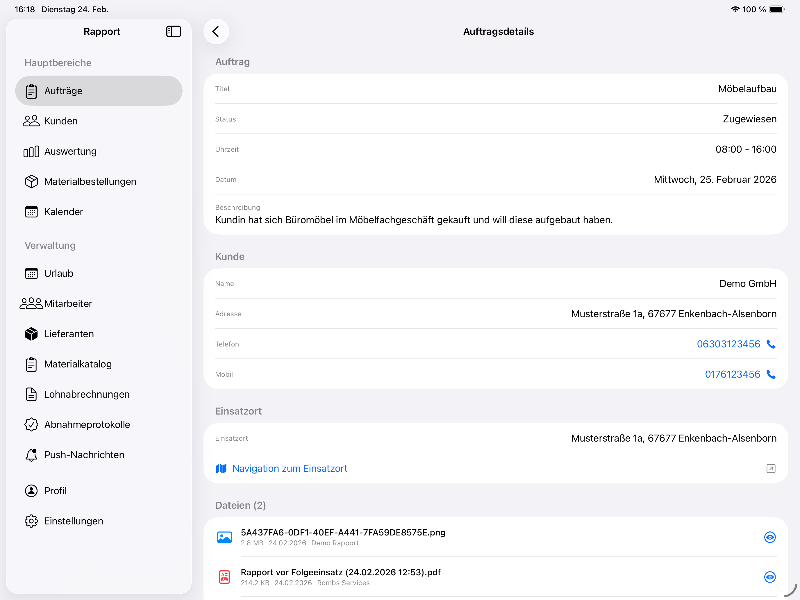 Mein-Rapport auf dem iPad – Auftragsdetails