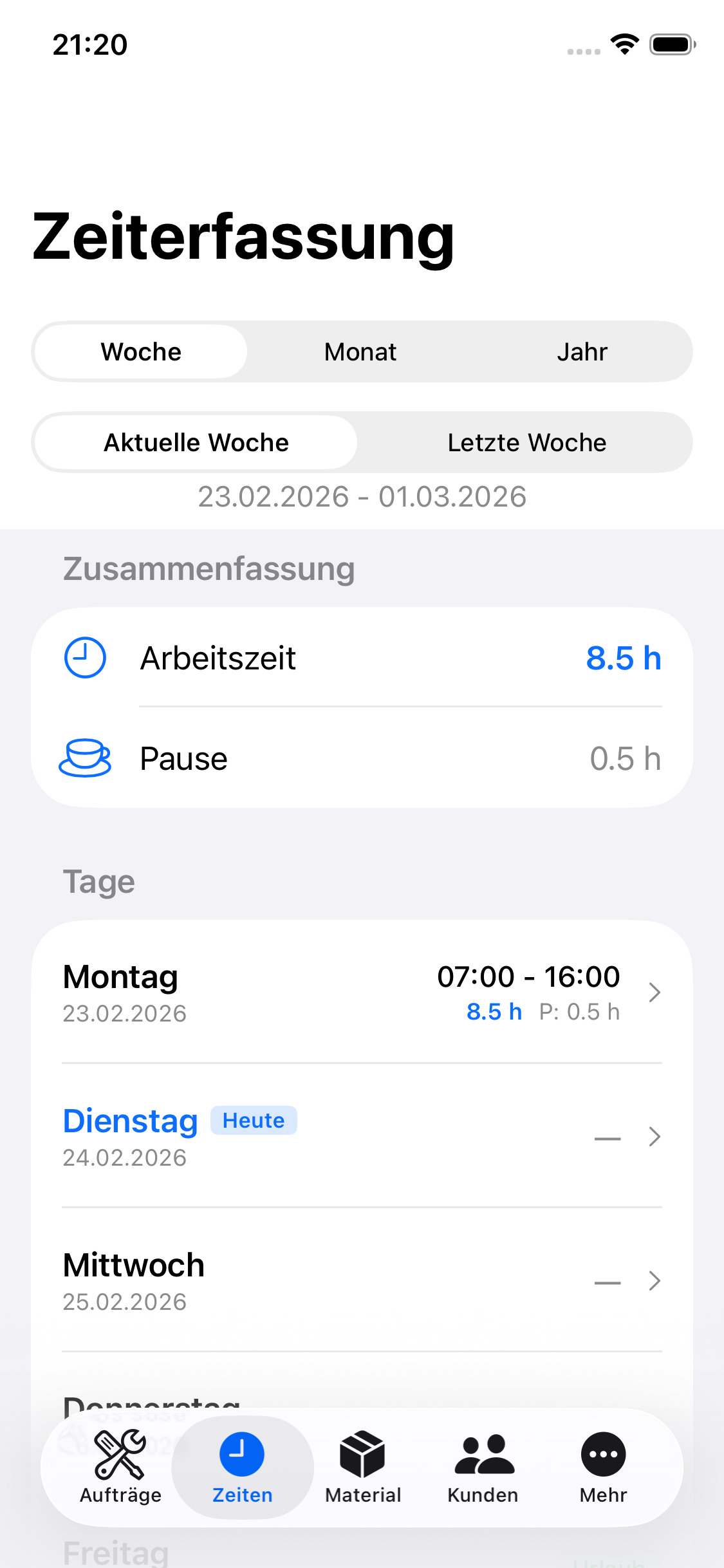 Zeiterfassung in der Mein-Rapport App